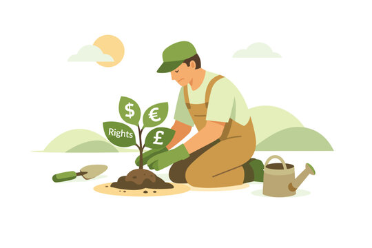Man planting money tree with currency symbols on leaves.
