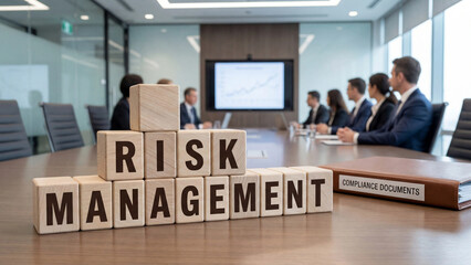 Fototapeta premium Corporate risk management and compliance documentation strategy with wooden letter blocks and boardroom meeting representing enterprise governance framework regulatory adherence audit planning