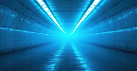 Fototapeta premium Tunnel interior, blue lighting, symmetrical perspective. Concrete walls extend toward distant bright point. Minimal details, focus on depth.