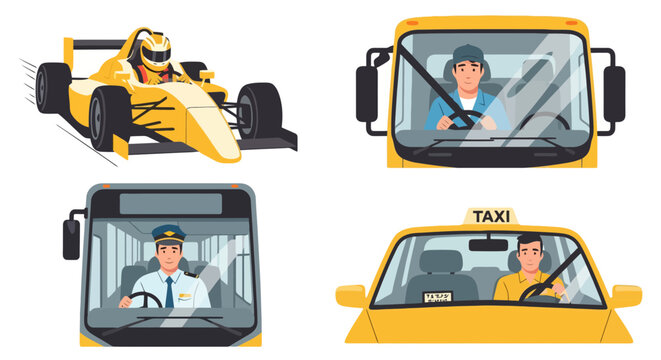 Vector Illustration of Professional Drivers in Various Vehicles: Race Car, Truck, Bus, and Taxi