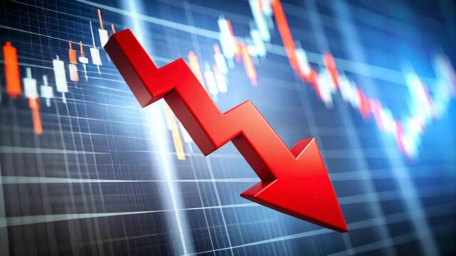 Red arrow chart showing downward trend on financial stock market screen