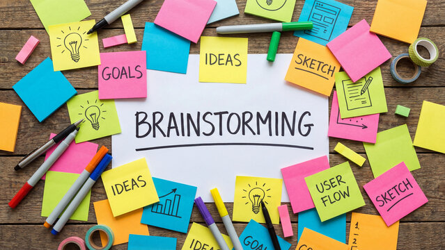 Creative team brainstorming session using sticky notes for business idea generation goals planning user flow sketching and collaborative innovation strategy development