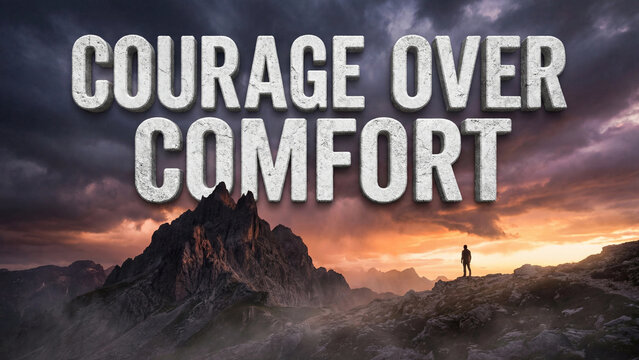 Courage over comfort personal development and motivational mindset concept with lone figure on mountain peak at dramatic sunset representing resilience bravery comfort zone challenge