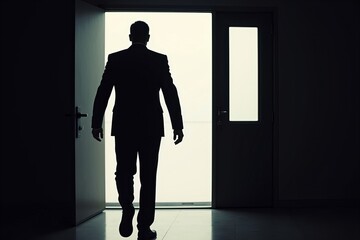 Obraz premium Silhouette of man exiting office door represents unemployment.