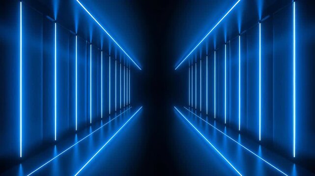 Abstract futuristic blue neon light corridor with glowing vertical lines on black background