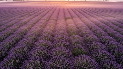 Obraz premium Vast rolling lavender fields at sunrise with misty atmosphere, Provence, France