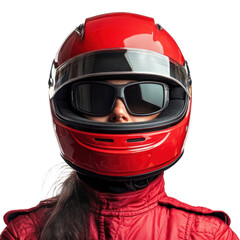 A woman wearing a red motorcycle helmet and sunglasses, standing against a white background.
