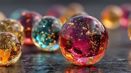 Colorful neon reflections in floating glass spheres abstract images