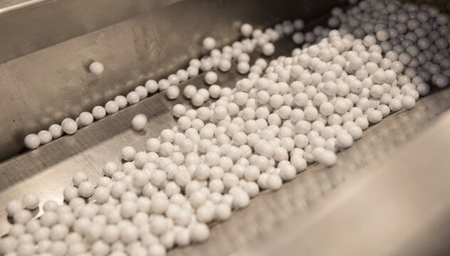 Medium shot focused on spherical zeolite beads rolling through a rotary dryer emphasizing the even drying process and glossy surface finish.