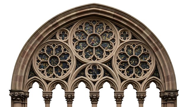Ornate arched window design with three circular stained glass panels on a white background