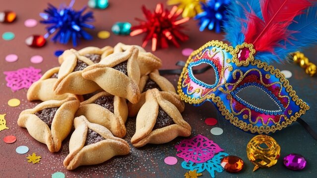 Hamantaschen and Purim mask with confetti and decorations on a textured surface.