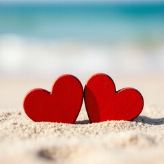Fototapeta premium Serene Summer Love with Red Hearts on Sandy Beach Background