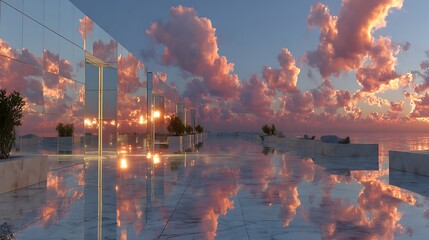 Contemporary mirrored office facade with soft clouds and sunlight reflections cityscape images