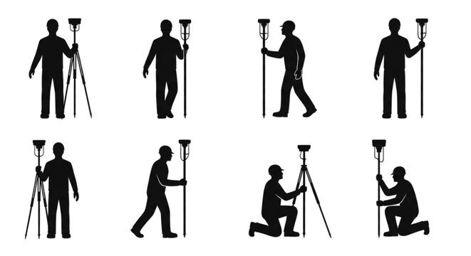 Construction Surveyor Silhouettes with GPS RTK Pole,  Set of eight black silhouettes showing construction surveyors holding GPS RTK poles in various standing, walking, and kneeling positions.