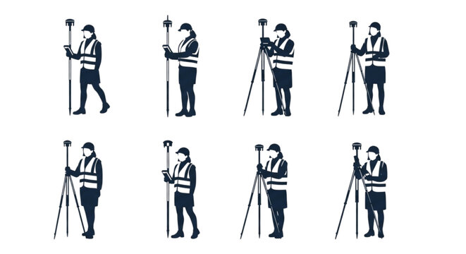 Female Land Surveyor Silhouettes Set, Various GPS Poses, A collection of eight black silhouettes showing a female land surveyor in various poses, walking and measuring using a GPS rover pole and data 