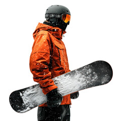 A snowboarder in an orange jacket holding a snowboard in the snow.