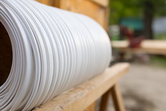 White vinyl siding coil on wooden sawhorse outdoors