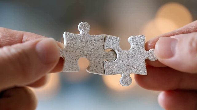 Puzzle Piece Connection: Close-up shot of hands carefully connecting two interlocking puzzle pieces, symbolizing collaboration and problem-solving, with focus on teamwork and unity.