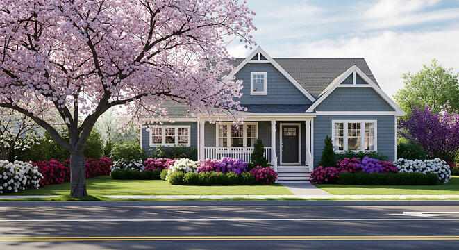 A serene blue house with blooming flowers in the front yard, surrounded by lush greenery and a majestic tree, viewed from across the street