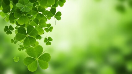 Obraz premium Vibrant green shamrocks cascade in a lush, blurred nature setting, symbolizing luck and spring.