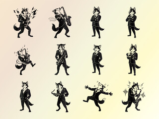 Cool Wolf Character Collection: Jazz Musician & Business Poses Vector Set