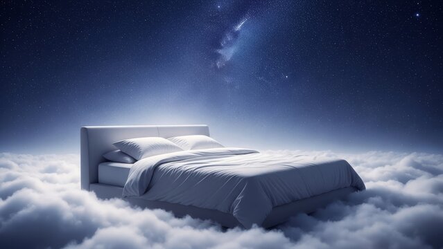 A clean, white bed rests on fluffy clouds under a starry night sky.