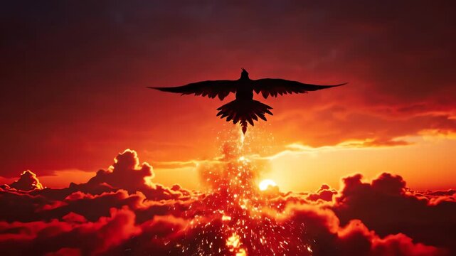 Majestic mythical phoenix bird emerges from fiery inferno in dramatic phoenix rebirth against a vibrant sunset sky with glowing embers and clouds, symbolizing hope and new beginnings.