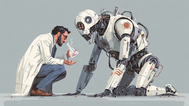 A laboratory for biodegradable tech, a person and a robot analyzing a sample of "bio-plastic"