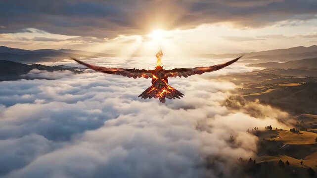 Majestic mythical phoenix bird with fiery wings soaring through clouds at sunrise, symbolizing phoenix rebirth, hope, and new beginnings over a serene landscape