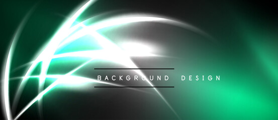 Naklejka premium Abstract design features glowing lines, curves, gradients. Dark background contrasts bright teal, white elements. Modern aesthetic.