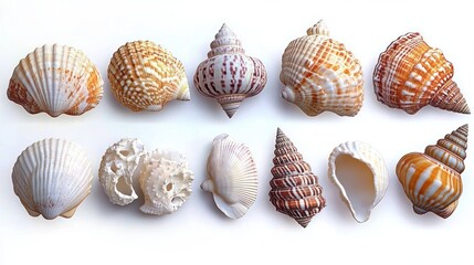 Twelve assorted seashells arranged in two neat rows on a white background, warm patterned textures and a serene minimalist coastal mood