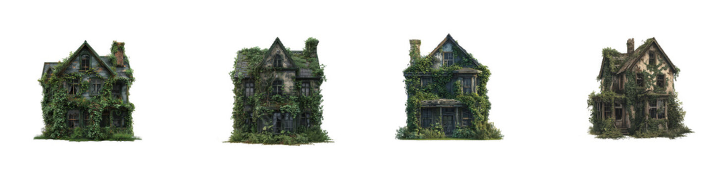 Spooky abandoned haunted house overgrown with vines and ivy, eerily decayed gothic architecture on white background isolated on transparent background
