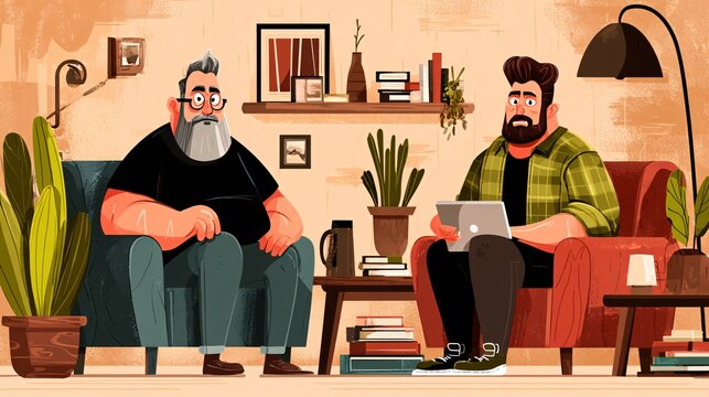 An elderly man learning a new language from a friendly AI avatar on a large screen, warm study room