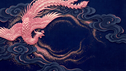 紺色の背景に金色の不死鳥と雲が立体的に施された豪華な装飾です。きらきらと輝く鳳凰の姿は、未来への希望やビジネスの繁栄を力強く象徴しています。お正月や祝い事のポスター、高級感のある広告制作に最適です。