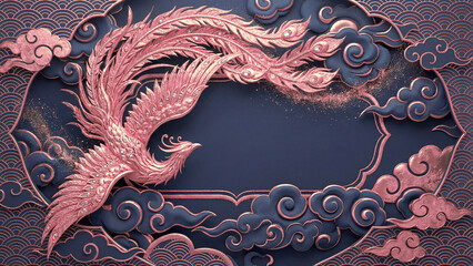 紺色の背景に金色の不死鳥と雲が立体的に施された豪華な装飾です。きらきらと輝く鳳凰の姿は、未来への希望やビジネスの繁栄を力強く象徴しています。お正月や祝い事のポスター、高級感のある広告制作に最適です。