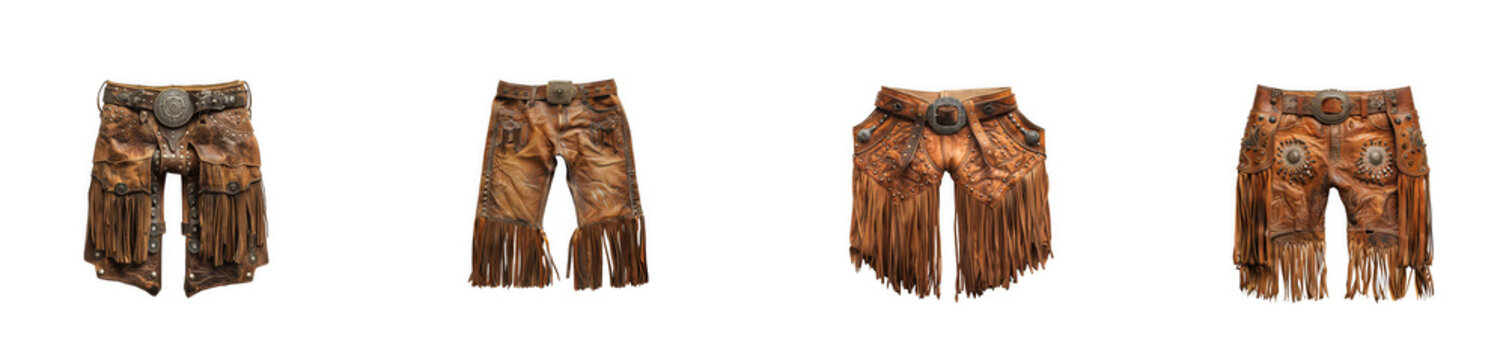 Authentic Western cowboy chaps with intricate beadwork, conchos, and fringe, rustic leather cowboy apparel isolated on transparent background