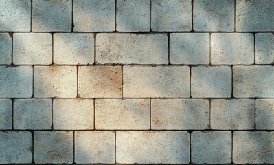 Obraz premium sunlit pale concrete block wall with soft diagonal shadows and textured masonry conveying calm serenity