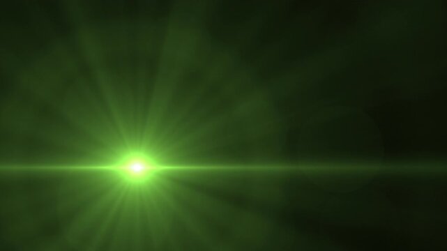 Striking Optical Lens Flare Transition, Bright green light flares and beams emanate from a central point against a dark background ideal for sci-fi visuals.