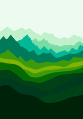 Obraz premium Serene Vector Illustration of Stylized Mountain Range with Abstract Green Layered Peaks and White Sky in a Modern Minimalist Style