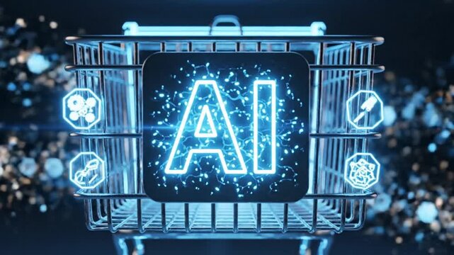 AI-powered retail and smart technology concept with a neon artificial intelligence symbol inside a shopping basket, illustrating digital innovation in e-commerce