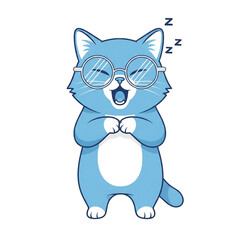 Obraz premium Cartoon blue cat with round metal framed glasses sleeping with zzz's, mouth open, paws clasped, expressing sleepiness