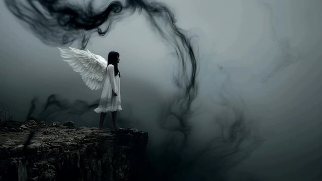 Dark angel on cliff with dark shadows. Young glamorous woman in a white dress with a large white angel wings on the background of a dramatic black smoke sky. The concept of a fallen dark angel