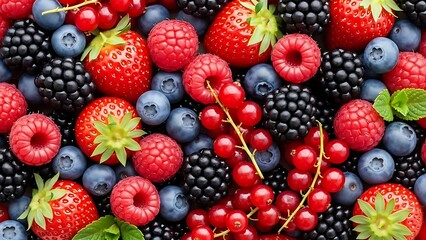 Fototapeta premium Overhead close-up of mixed, vibrant berries strawberries, raspberries, blueberries, and blackberries