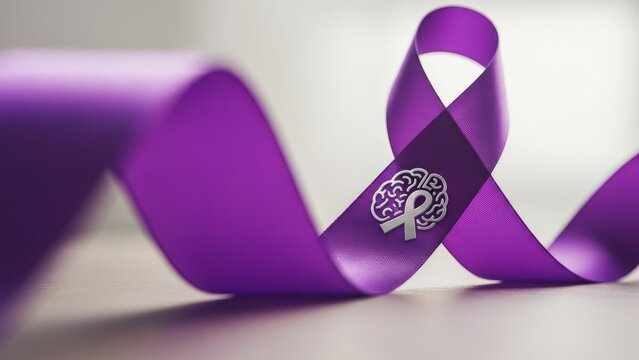 Purple awareness ribbon with brain symbol on textured surface