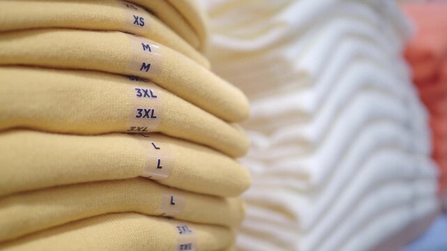 Pile of folded yellow sweaters with size tags in store display motion