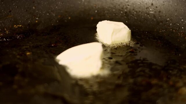 The chef puts a few pieces of butter in the pan where the meat was fried and there are juices and fat left from the fried meat