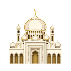 Grand mosque architecture with golden domes and white facade, Islamic religious site