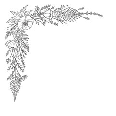 Hand-drawn line art corner of wildflowers and ferns