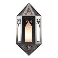 Hexagonal Islamic Lantern with Arabic Geometric Patterns and Warm Glow