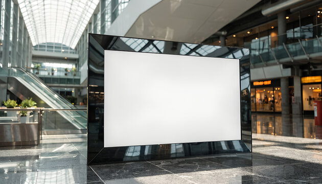 Blank white digital screen in a modern shopping mall interior with escalators and shops